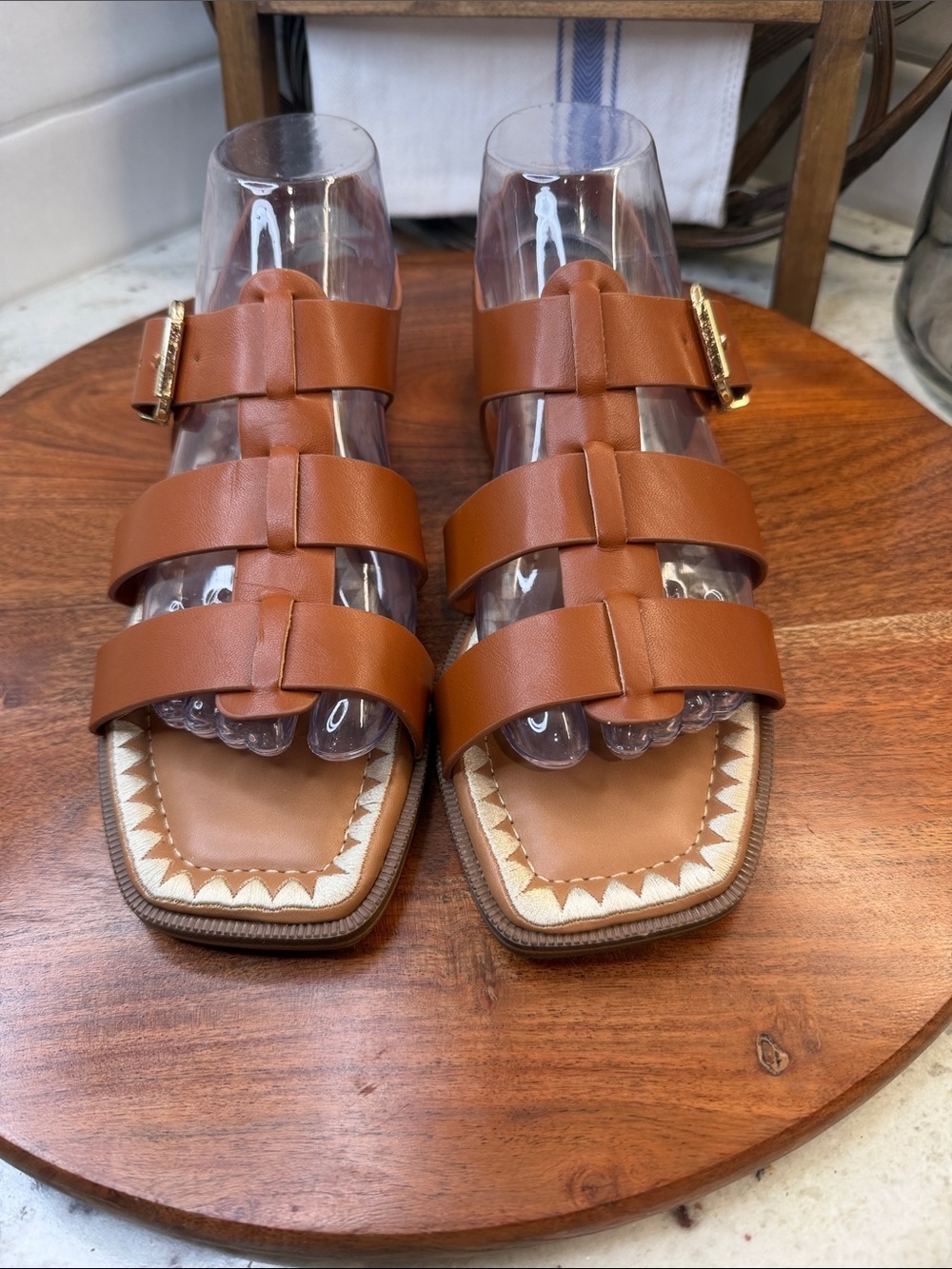 Madden Girl Tan Triple-Strap Slide Sandals